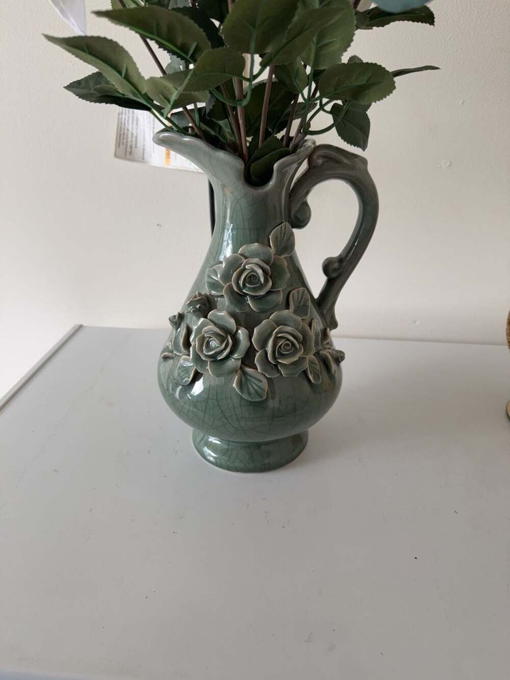 Vintage Celadon Green Crackle Glaze Ceramic Pitcher Vase Applied Rose Floral